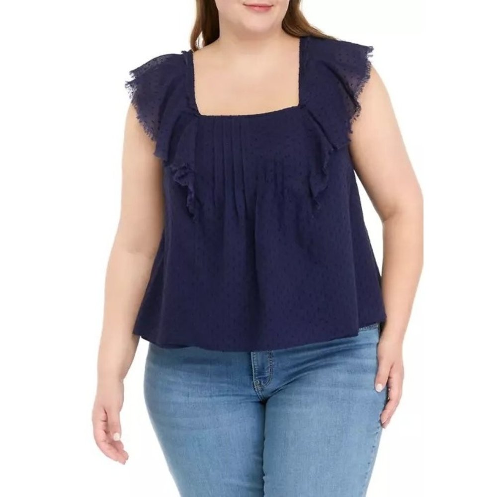 True Craft Dobby Eyelet Butterfly Sleeve Square Back Tie Cropped Top, 2X, NWT